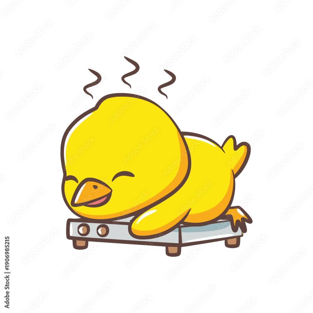 Obraz premium Tired Yellow Chick Character Sleeping on Top of a Kitchen Stove