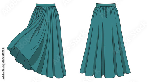 Sophisticated illustration of a flowing pleated maxi skirt in a serene teal hue capturing fabric movement and elegant silhouette with design