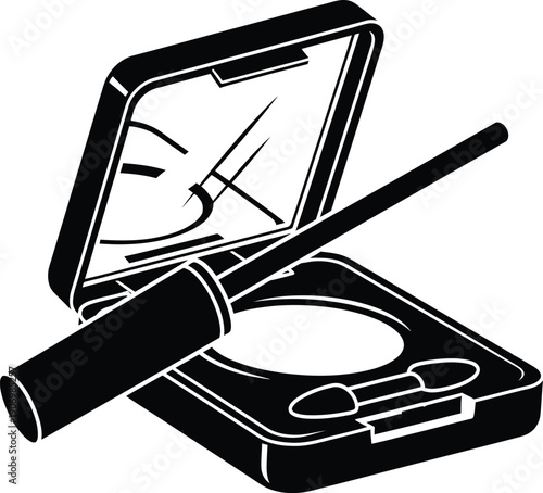 Black and white vector illustration of an open eyeshadow palette with mirror, foam tip applicator, and a liquid eyeliner wand.