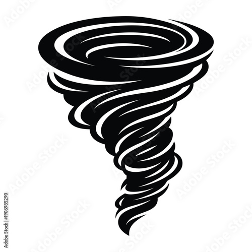 Stylized black and white illustration of a swirling tornado vortex
