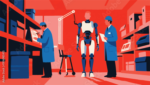 Illustration of Engineers and Scientists in the Robotics Development Laboratory, Designing a Wearable Exoskeleton to Assist People with Disabilities and Warehouse Workers Vector Design Template