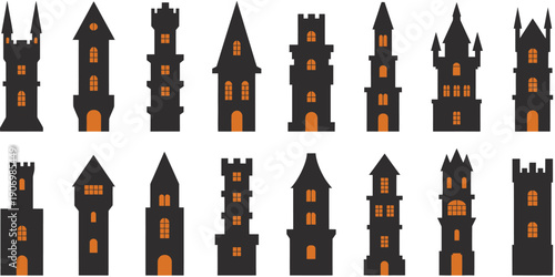 Castle Tower Silhouette Vector Illustration, medieval fantasy fortress architecture featuring historic and ancient royal buildings, vintage fairytale kingdom themes, old defensive towers, and classic 