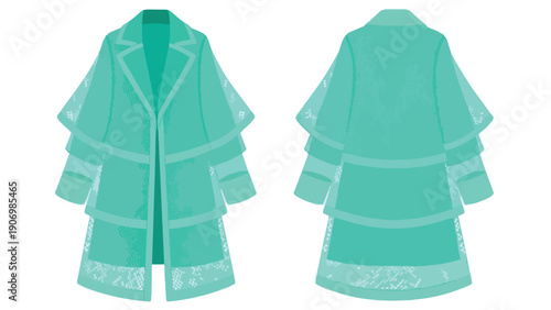 Chic teal fashion coat illustration featuring a distinctive layered silhouette and delicate lace trim, perfect for trendy apparel design projects