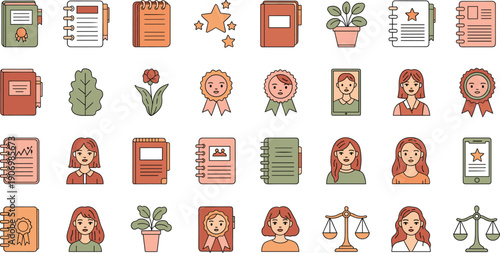 Hand-Drawn Flat Vector Doodle Icon Set Representing Women Leadership in Everyday Life, Empowerment, Confidence, and Independence