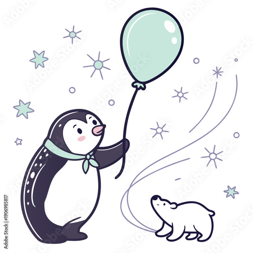 Aurora Glow colored Penguin with a Shy touch, placed in a Aurora Glow theme and styled with with a balloon