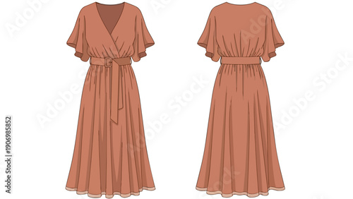 Fashion technical drawing of a women's v-neck midi dress with graceful flutter sleeves and a tie waist design blueprint in a stunning terracotta shade