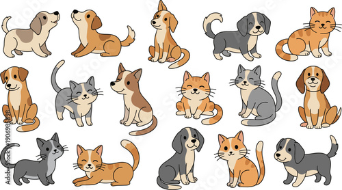 Cute Cats and Dogs Cartoon Vector Set, Sitting and Lying Pet Characters, Adorable Domestic Animals Flat Illustration