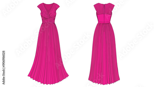Detailed technical drawing of a captivating fuchsia pleated maxi dress showcasing elegant design with a v-neck and cap sleeves perfect for formal