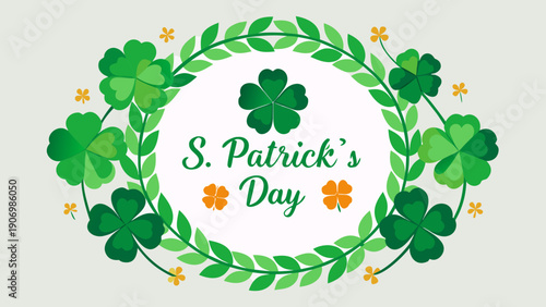 St. Patrick’s Day greeting poster, elegant clover wreath frame, centered empty space for text, refined vector illustration