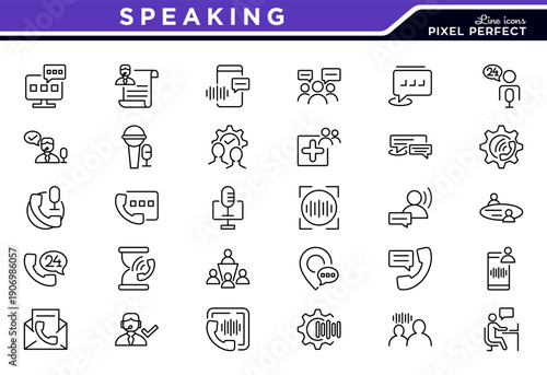 Speaking line icon set. Chat, speech, point, chat, support, message, phone, globe, call, news, broadcasting, sound, studio line icon set. Ui thin line icon pack.