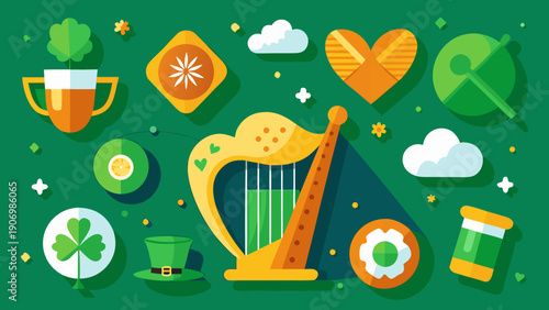 St. Patrick’s Day poster design, Irish folklore-inspired symbols (harp, clover, coins), simplified flat icons, minimal poster layout