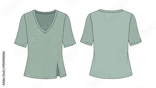 Detailed technical flat illustration of a contemporary women's short-sleeve ribbed V-neck knit top, featuring stylish side slits for versatile