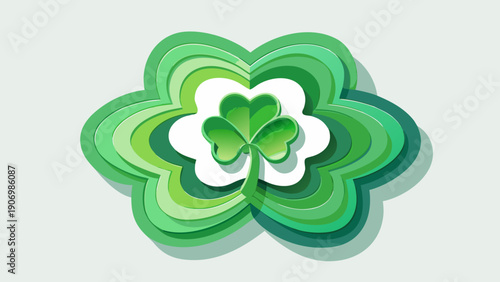 Modern St. Patrick’s Day poster, layered paper-cut shamrock shapes, soft shadows, pastel green tones, clean white background