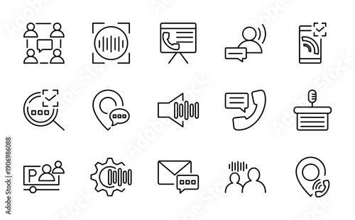 Speaking line icon set. Chat, speech, point, chat, support, message, phone, globe, call, news, broadcasting, sound, studio line icon set. Ui thin line icon pack.