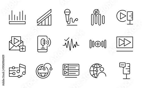 Podcast line icon set. Microphone, podcasting, record, audio, broadcasting, broadcast, channel line icon set.