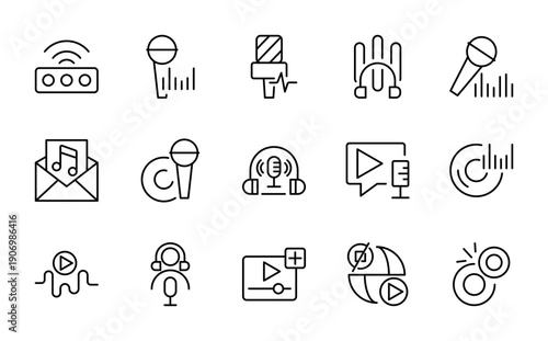 Podcasting line icon set. Record, audio, broadcasting, studio, webcast, broadcast, channel icon pack.