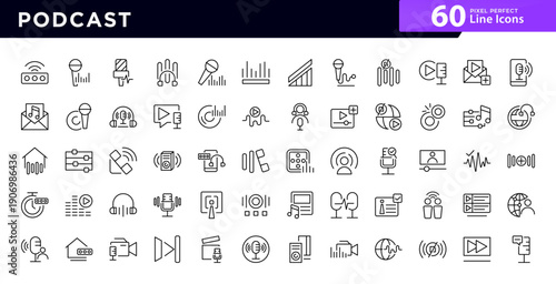 Podcast line icons collection. Microphone, podcasting, record, broadcasting, studio, webcast, broadcast, channel vector icon design
