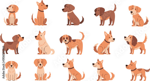 Cute Dog Characters Set, Adorable Puppies in Different Poses, Flat Vector Pet Illustration Collection