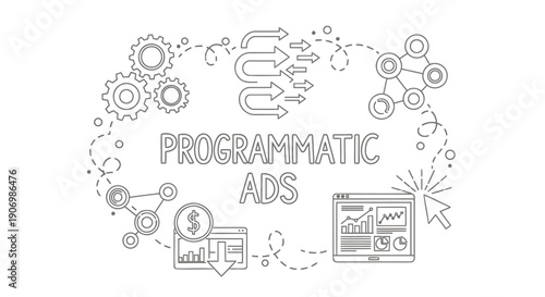 Programmatic advertising vector illustration, icons and gears around text, for marketing or presentation, isolated on transparent background, png