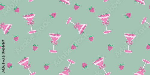 Whimsical Seamless Pattern of Flying Strawberry Martini Glasses and Berries, Pink and Green Summer Drink Background for Party Decor and Textile Print
