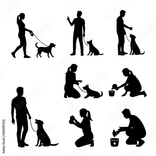 Human and dog training interaction black silhouette vector set
