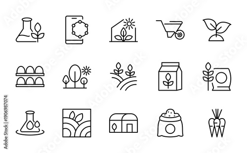 Farming line icon set. Plant, flowers, trees, fence, agriculture, barn, gardening, harvest line icon set. Ui thin line icon pack.