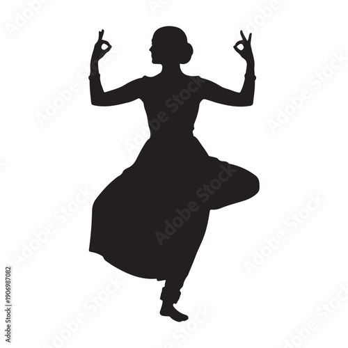 Elegant woman in dancing pose with hands up in elegant dress silhouette icon design graphic drawing isolated a vector black shilhoutte illustration