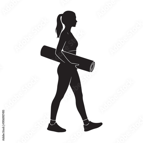 Fitness woman walking with yoga mat in hand icon design graphic drawing isolated a vector black shilhoutte illustration