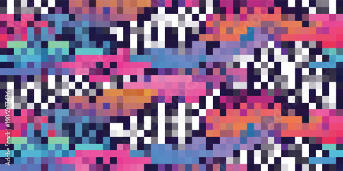 Abstract Pixelated Glitch Art with Vibrant Colors and Geometric Patterns.