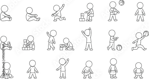 Set of child outline illustrations showing kids playing, sitting, walking and holding toys, simple line art characters for education, parenting, children activity design