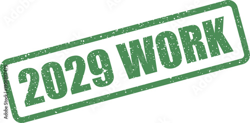 Grungy rubber stamp impression showing the text 2029 WORK with a distressed texture effect