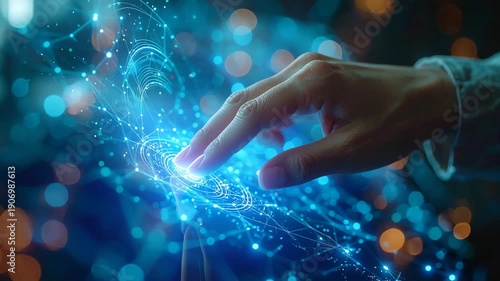Digital Connection: A hand interacts with an abstract representation of digital information, highlighting technological advancement, connectivity, and the boundless potential of the digital world.