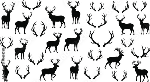 Set of deer silhouettes with antlers, wildlife collection featuring stag poses and horn shapes, isolated black animal icons for nature and hunting design