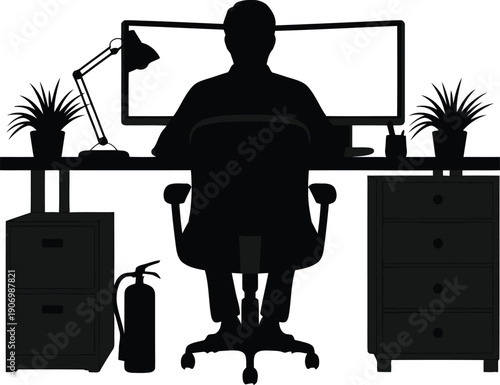 Professional man working at modern office desk with computer and plants