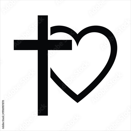 Minimal Christian Cross With Heart Symbol On White Background
