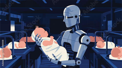 Illustration Of A Humanoid Metallic Robot Holds A Human Newborn Baby Wrapped In A Blanket Vector Design Template