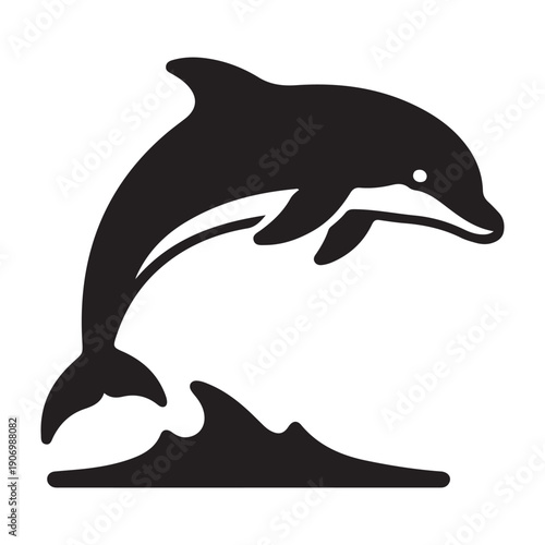 Dolphin jumping out of water in dynamic motion with wave icon design graphic drawing isolated a vector black shilhoutte illustration