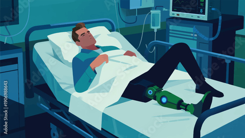 Illustration Of A Man Lies In Hospital With A Broken Leg Replaced With A Robotic Leg Vector Design Template
