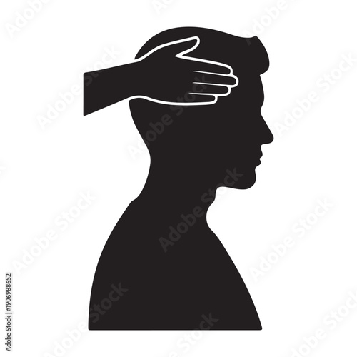 Silhouette of a person with a hand on their forehead in contemplation icon design graphic drawing isolated a vector black shilhoutte illustration