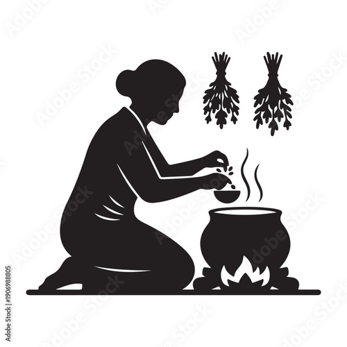 Woman cooking traditional herbal medicine over open flame icon design graphic drawing isolated a vector black shilhoutte illustration