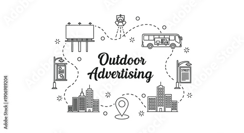 Outdoor advertising vector illustration with city landmarks, billboard or advertising screen, bus stop, map pin, and cityscape, for marketing or presentation, Isolated on transparent background, png