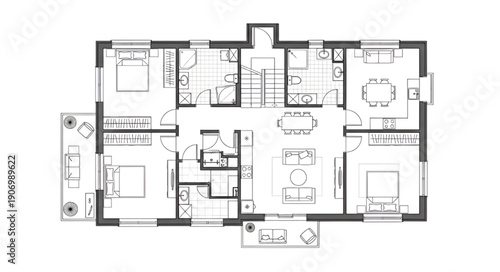 Black and White 2D Residential Floor Plan Vector with Interior Room Layout and Architectural Design