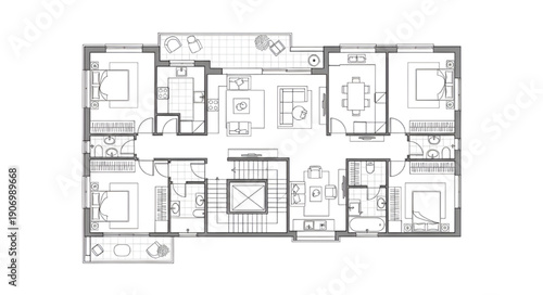Home Blueprint Illustration with Detailed 2D Floor Plans and Isolated White Background Vector