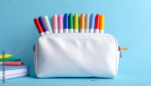 White Pencil Case with Colorful Stationery – Organized School Supplies on Blue Background