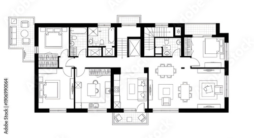 2D Residential Building Floor Plan Vector with Black and White Architectural Layout and Interior Design