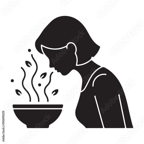 Woman enjoying hot meal from bowl with steam rising icon design graphic drawing isolated a vector black shilhoutte illustration