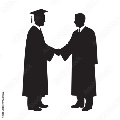 Two graduates shaking hands in formal attire with cap and gown icon design graphic drawing isolated a vector black shilhoutte illustration