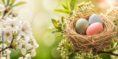 Ostereier im Vogelnest zwischen weißen Frühlingsblüten, pastellfarbene Eier im Sonnenlicht im Garten