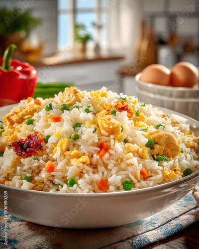 Delicious homemade fried rice with vegetables and eggs in kitchen