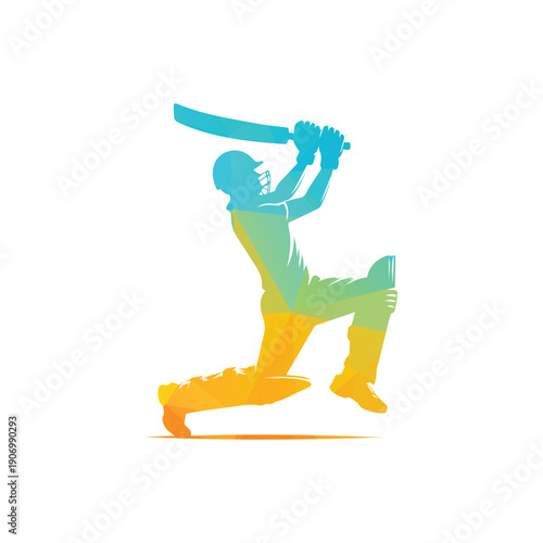 Colorful Geometric Cricketer Kneeling With Raised Bat In Dynamic Sports Pose
